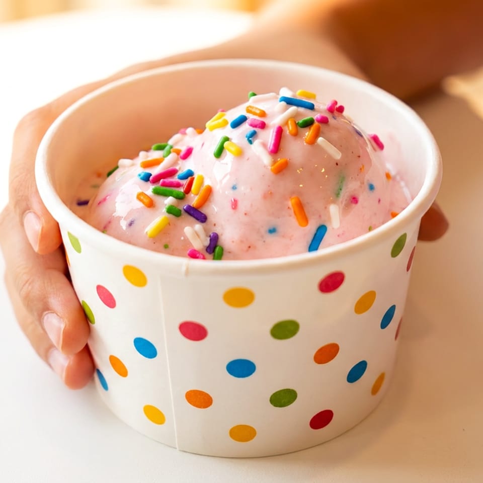 A hand holds a polka-dotted cup of pink ice cream with colorful sprinkles.