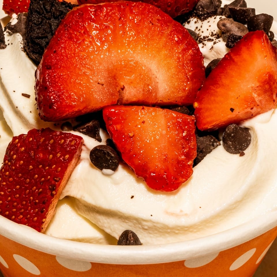 White soft-serve dessert with sliced strawberries, chocolate chips, and cookie crumbs in an orange polka-dot cup.